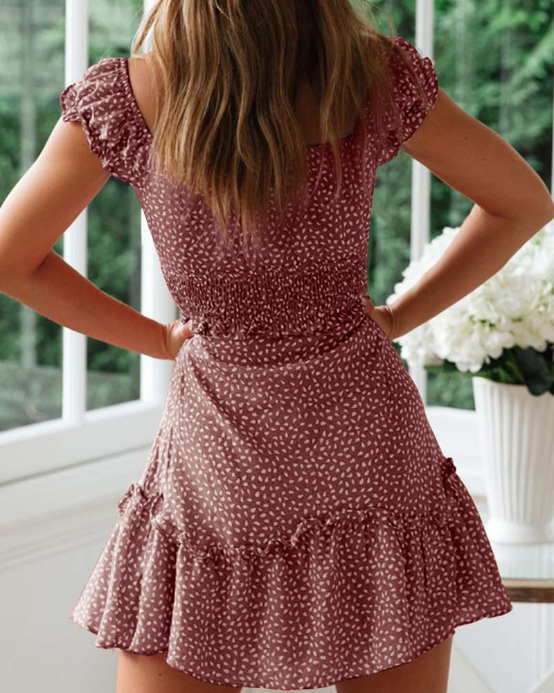 YOBECHO Womens Summer Ruffle Sleeve Sweetheart Neckline Printing Dress Mini Dresses Brick Red - Image 3